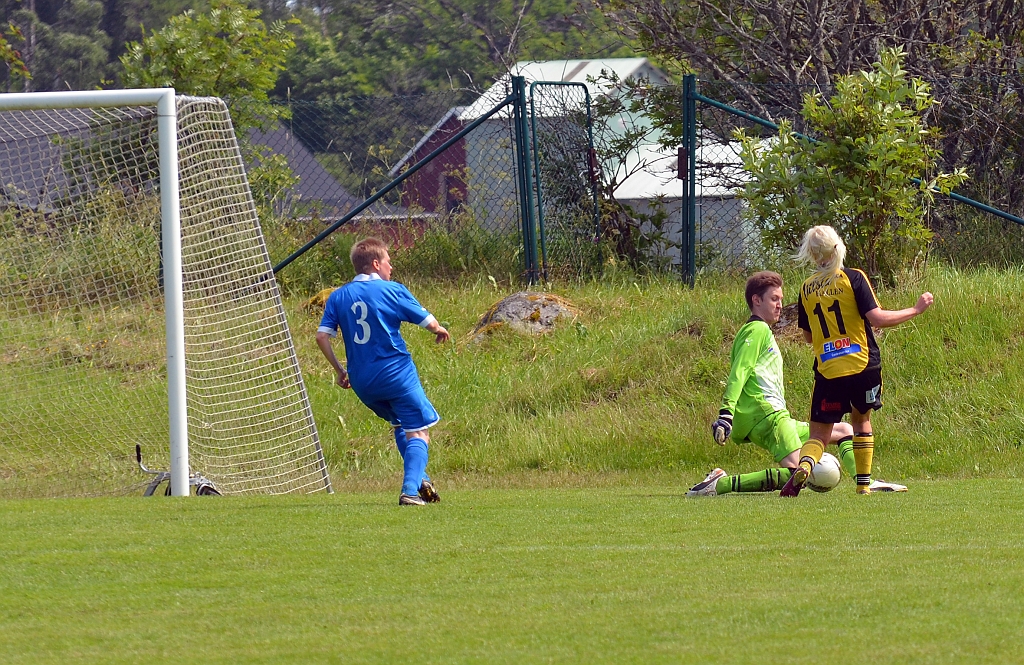 2012_0630_43.JPG - Götlunda's målvakt är ute och styr undan bollen när Elin Bergkvist har ett bra läge