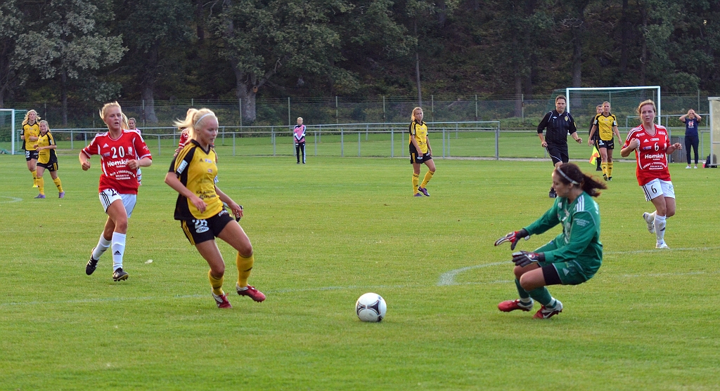 2012_0815_19.JPG - Hanna Garman och Rytternes målvakt går mot bollen . . .