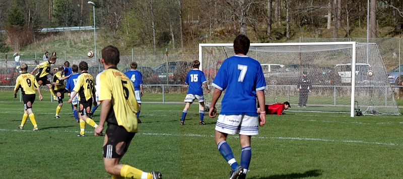 2005_0507_22.jpg - OBS!! Ett fotomontage.Arboga tar ledningen med 3-2 genom nr.14 Jakob Fransson som nickar bollen i mål i bortre gaveln. Ni kan se bollen 2 ggr strax efter nicken och sedan i målet